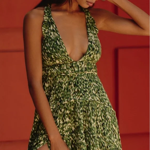 Celandine Green Printed Halter Maxi Dress with Front Slit from anthropologie - Picture 3 of 7